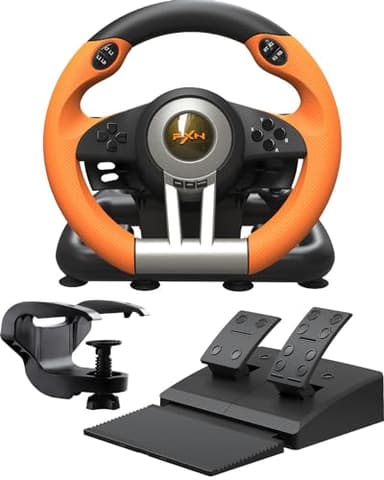 PXN V3 Pro Volant de Jeu avec Pédales - 180°, Retour de Vibration, Levier de Vitesse Intégré, Palettes de Changement de Vitesse - Volant pour PC, PS4, PS3, Xbox et N Switch - Orange