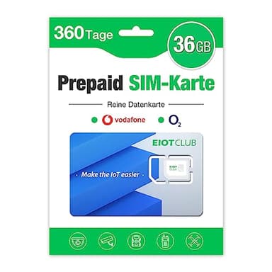 EIOTCLUB Carte SIM Prépayée, pour 5G/4G LTE Caméra de Surveillance, Caméra de Chasse, WiFi Router, 36 Go-360 Jours, Data Uniquement, Compatible avec Les réseaux Bouygues/Orange/Free/Digicel