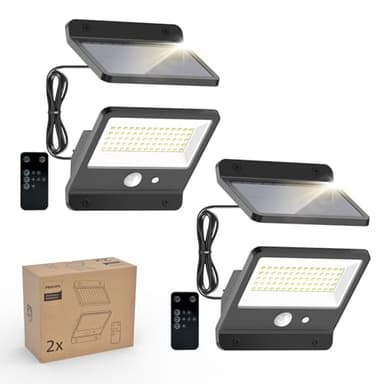 Philips Lampe de sécurité solaire d'extérieur LED 6500K, projecteur mural étanche à énergie solaire avec capteur de mouvement PIR, Télécommande avec câble de 5 mètres, étanche IP65, 3 modes (2)