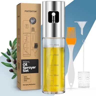PORTENTUM Pulvérisateur d’Huile 100 ml en Inox, Huile Spray Cuisine et Friteuse à Air, Huilier en Verre avec Accessoires Antigoutte