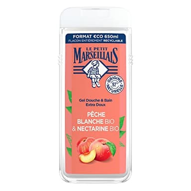 Le Petit Marseillais | Gel Douche Extra Doux Pêche Blanche Bio & Nectarine Bio (flacon de 650 ml) – 92 % d'ingrédients d'origine naturelle – pH neutre pour la peau et sans colorant
