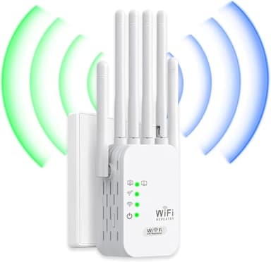 Puissant Répéteur WiFi, Amplificateur de Signal WiFi, 6 antennes à Gain élevé et de 2 Ports LAN. Ce Puissant répéteur WiFi Offre Une Couverture pour Les espaces domestiques et Professionnels（Blanc）