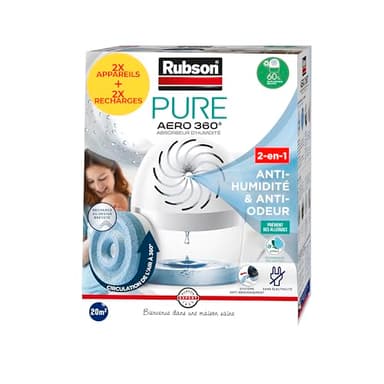 Rubson – Lot de 2 absorbeurs d'humidité AERO 360° Pure (2 appareils + 2 recharges) – Assainisseurs et déshumidificateurs d’air pour pièces de 20 m² – Recommandé par l'AFPRAL