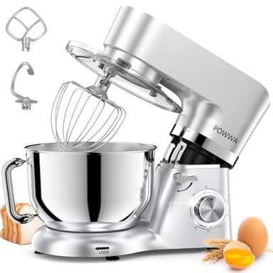 Robot Pâtissier, POWWA 1500W Pétrin Professionnel, Silencieux Robot de Cuisine Multifonctionn Pétrisseur avec Batteur Électrique, Batteur, Fouet, Couvercle, Bol 6,2 L(Silber)