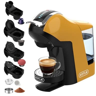 KOTLIE Machine à café multifonctionnelle, compatible avec l'utilisation de capsules et de poudre, 3 températures, 7 niveaux d'eau, réservoir d'eau de 1 l EM-308B (jaune)