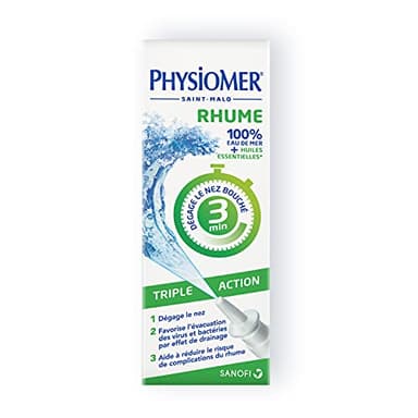 Physiomer Rhume Triple Action - Spray nasal 100% eau de mer - Dispositif médical - Huiles essentielles - Dégage le nez bouché en 3 minutes par action osmotique naturelle - A partir de 6 ans - 20 mL