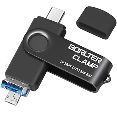 Clé USB 3.0 de 64 Go Mémoire Stick 3 en 1 pour Téléphones Android, BorlterClamp Clef USB Pendrive OTG avec 3 Ports USB (USB C/microUSB/USB-A) pour Samsung Galaxy, PC et Plus (Noir)