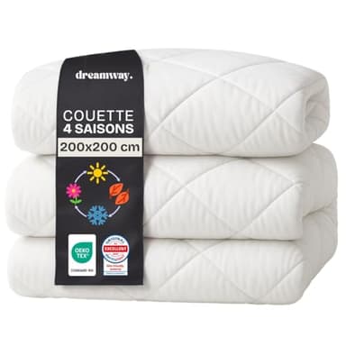 DREAMWAY – Couette 200x200 cm 4 Saisons Certifiée Oeko-Tex – 3 en 1 – 150 GSM Été Légère + 300 GSM Mi-Saison – Assemblées = 450 GSM Hiver Chaud – Boutons-Pression