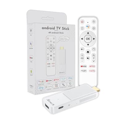 GREVA Android TV Stick 4K Ultra HD Streaming Appareils 2026 Dernier Android 14.0 TV Stick Box 2Go 16Go HDR/AV1/2.4G/5G WiFi/BT 5.0 Smart Streaming Media Player avec Assistant Commande Vocale Blanc