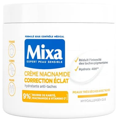 Mixa - Crème Niacinamide Correction Éclat - Crème Hydratante Anti-Taches au Beurre de Karité, à la Niacinamide et à la Vitamine C - Adaptée au Visage, Corps et Mains - Hypoallergénique - 400ml