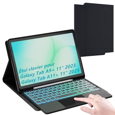 pour Samsung Galaxy Tab A11+/A9+ Plus 11 pouces Étui avec clavier détachable - français AZERTY, Clavier rétroéclairé arc-en-ciel avec pavé tactile - Étui clavier pour Galaxy Tab A11+ 2025/A9+ 2023