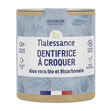 Natessance - Dentifrice À Croquer - Les solides - Aloe Vera Bio Et Bicarbonate - Certifié Bio Cosmos Organic - Pot en carton 100% recyclable 80 comprimés