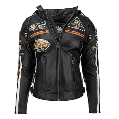 URBAN 5884 Blouson moto femme avec protections, cuir d'agneau, dos, épaules et coudes | Noir | L