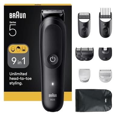 Braun Tondeuse Tout-En-Un Series 5, 9-En-1, Lame Ultra Affûtée, 120 Min D’autonomie, Protection SkinGuard Pour Le Corps, Coupe Précise Et Efficace, Manche AquaGrip Pratique Sous L'eau, AIO5540, Noir