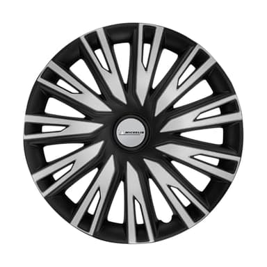 Michelin 009032 Set de 4 Enjoliveurs 15'' Pouces – COP Noir et Argent – Enjoliveurs Résistants Haute Qualité – Look Sport Moderne – Montage Facile – Compatibles Voiture avec Jantes Acier ou Tôle