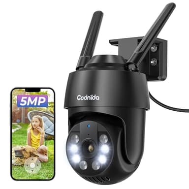 Codnida Caméra de Surveillance extérieure Wi-FI 5 MP 2,4/5 GHz avec détecteur de Mouvement, Suivi Automatique, Enregistrement 24h/24, 7j/7, Vision Nocturne colorée, IP66, Audio bidirectionnel, Noir