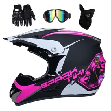 Intégral Casque Motocross Ensemble, avec Lunettes Gants Masque, Jeunesse Enfant Hors Route Moto Karting Scooter Casque, Descente MTB VTT BMX Enduro Quad Vélo de Saleté Accident Casque ( Color : Rose R