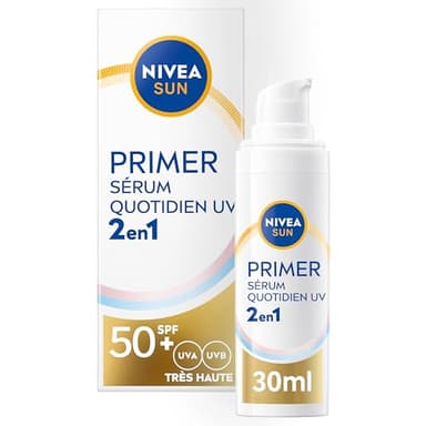 NIVEA SUN Sérum Primer Quotidien UV 2en1 SPF 50+ (1 x 30ml) - Sérum Visage hydratant enrichi en Acide Hyaluronique - Base de maquillage - Soin avec écran solaire visage SPF 50+ sans parfum