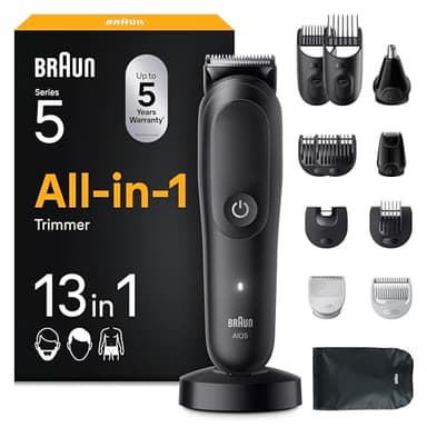 Braun Tondeuse Electrique Tout-En-Un Pour Hommes Series 5 AIO5565 Noir, etanche, Kit De Rasage 13-En-1 Avec Lame Ultra Affûtée, Coffret Avec 8 Sabots Pour Les Cheveux, La Barbe, Le Nez et Le Corps