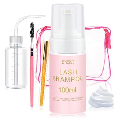 EMEDA 100Ml Shampooing pour Cils avec Brosse et Flacon de Rinçage Kit de Mousse Nettoyant Extension de Cils Shampoing pour Cils à Usage Domestique et en Salon Lash shampoo Kit eyelash Foam cleanser