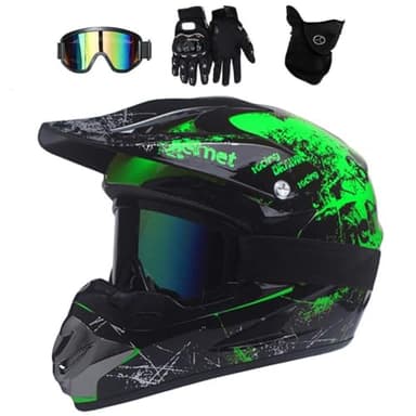 UIGJIOG Protection Enduro Casque Moto Enfant Integral VTT Casque Moto Cross,Motocross Casques D. O. T pour Casque Intégral Tout-Terrain Four Seasons avec Lunettes Et Gants,Vert,S(52~53cm)