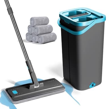 Masthome Balai Serpillère Microfibre, Balai Plat Professionnel avec 6 Tampons Réutilisables, Serpillère Nettoyage pour Sols et Seau Essoreur Convient pour Salon, Chambre, Bureau