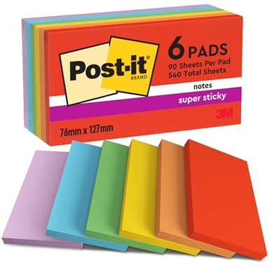 Post-it Notes Autocollantes Super Sticky, Couleurs Playful, Pack de 6 Blocs, 90 Feuilles par Bloc, 76 mm x 127 mm - Feuillets Super Adhésifs pour Prise de Notes, Listes de Tâches et Rappels