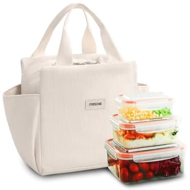 Sac à déjeuner pour femme - Grand volume - 12 l - Petit sac isotherme en velours côtelé - Poches latérales avec grande capacité de stockage - Parapluies - Tasse à eau - Vaisselle de table - Téléphone