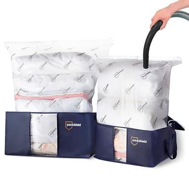 Kit de rangement compact PackShield - 2 Housses et 2 Sacs Sous Vide - Compression avec aspirateur - Grande capacité XXL - Protégez et Transportez Facilement Duvets Couettes Oreillers Vêtements Habits