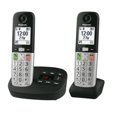 Panasonic KX-TGU432EXB Téléphone Numérique sans Fil avec Répondeur, Unité de Base et 2 Combinés, Écran LCD, Appels Favori, Lampe Torche, Compatible avec Les Appareils Auditifs, Noir et Argent
