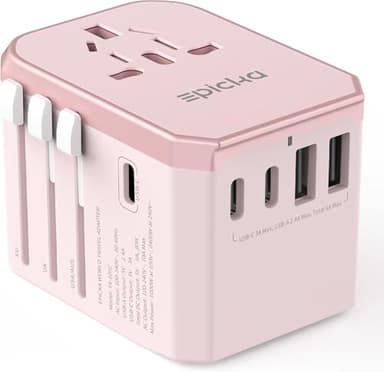 EPICKA Adaptateur Prise Universelle de Voyage, Prise Universelle Voyage 30W, Adaptateur Universel de Voyage avec 2 USB et 3 USB C, Adaptateur International vers USA Japon Canada UK Francais, Rose