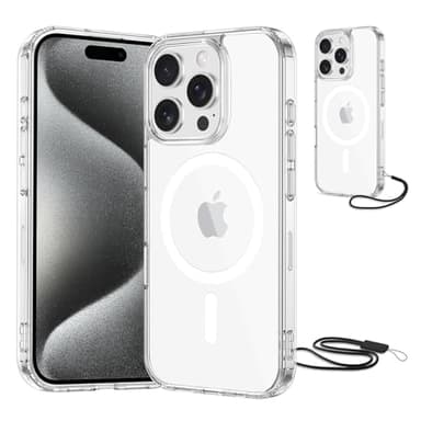 NEW'C Magnétique Coque pour iPhone 15 Pro Max (6,7 Pouces), Compatible avec MagSafe Antichoc Ultime avec Cordon – Magnétisme Puissant et Protection Militaire - Etui Fine - Transparent