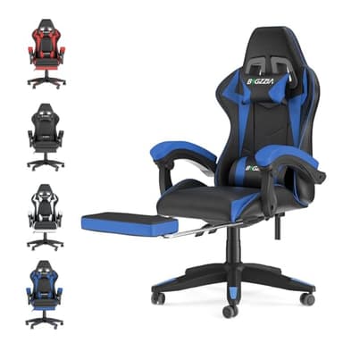 bigzzia Chaise Gaming,Ergonomique PU Cuir Chaise Bureau,Hauteur Réglable,avec Lombaire&Appui-Tête Appui,Dossier Inclinable à 155°,Fauteuil Gaming Adultes Enfants (Bleu, avec Repose-Pieds)