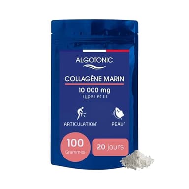 Algotonic - Collagène marin hydrolysé + Vitamine C - 100 grammes poudre - 5000 mg/jour - Cure 20 jours - Type I et III - Peau, Cartilages, Os et Muscles