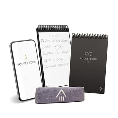 Rocketbook Mini cahier intelligent réutilisable format de poche 8,9 x 14 cm, noir - 48 pages points, connectivité application, effaçable, idéal pour les listes et les notes de voyage