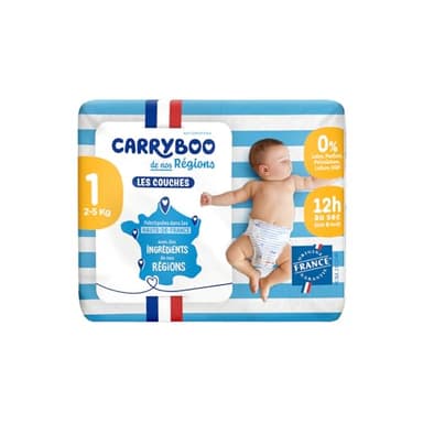 CARRYBOO - Couches Taille 1 (2-5kg) - Saines et Ultra Absorbantes - 12h Anti Fuites - Sans substances indésirables - Fabriquées en France - Pack naissance de 24 couches