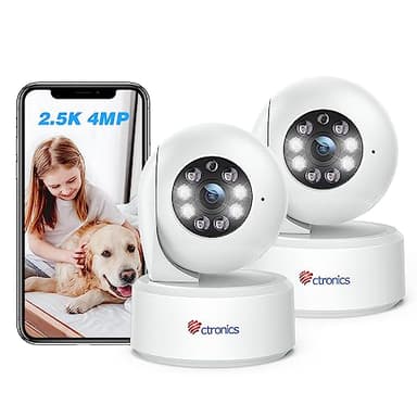 Ctronics 2.5K 4MP Caméra Surveillance Intérieur, WiFi 2.4/5GHz, 8 Positions Préréglées, Suivi Intelligent, Vision Nocturne Couleur, Accès PC & Appli, 355°/120° PTZ, Audio Bidirectionnel(Pack de 2)