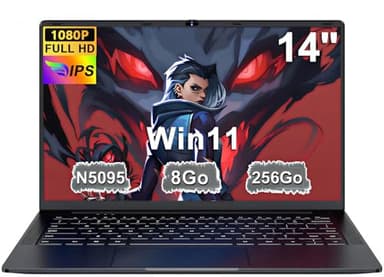 Ordinateur Portable 14 Pouces Celeron N5095 Win11 Pro 8Go RAM 256Go SSD Extension1To 5G WiFi 1920x1080 FHD PC Portable avec Souris sans Fil qwerty Clavier avec AZERTY Membrane du Clavie - Noir Métal