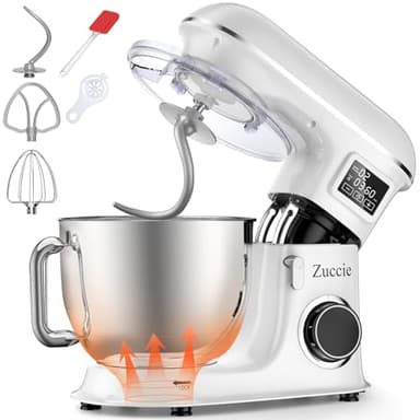 Zuccie Robot Pâtissier 1500W 8L Robot Patissier Multifonctions Écran LCD + Fonction de Fermentation Robot Petrin avec Fouet, Batteur, Crochet et Pare-éclaboussures,6 Vitesses (Blanc)