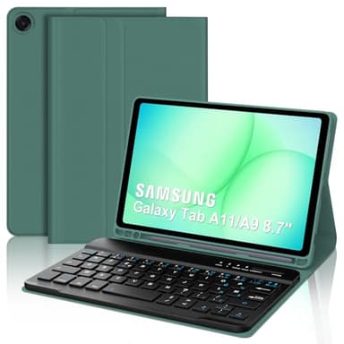 Coque Clavier pour Samsung Galaxy Tab A11/A9 8.7 Pouces, AZERTY Français Housse Clavier Bluetooth Détachable avec Porte Crayon pour Tablette Samsung Galaxy Tab A11/A9 8.7" 2025/2023, Vert foncé