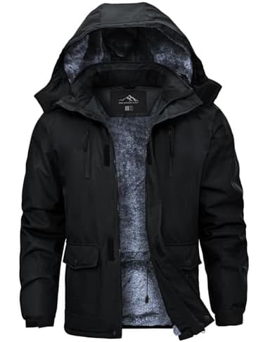 Tansozer Veste de Ski Hommes Hiver Imperméable Blouson D'extérieur Chaude Parka avec Fourrure Thermo Jacke Travail Polaire à Capuche, Noir, S
