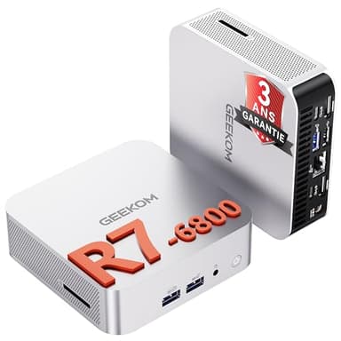 GEEKOM A6 Mini PC avec AMD Ryzen 7 6800H, Radeon 680M(4,7 GHz), 1To SSD 16Go RAM DDR5 (Évolutif, Non-LPDDR), Lecteur SD, Mini Ordinateur de Bureau Windows 11 Pro, Type-C,4 écrans 8K, Boîtier Aluminium