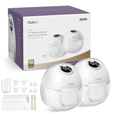 Nuliie Tire Lait Electrique Main Libre, Tire Lait Main Libre avec 4 Modes, 9 Niveaux, Fonction Mémoire, Extracteur de Lait Rechargeable avec Affichage LED, Poids léger - 24mm (2 Paquets, Blanc)