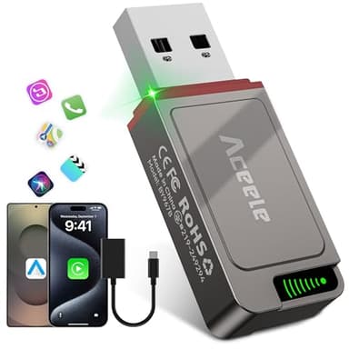 Aceele Adaptateur CarPlay sans Fil 2 en 1 Compatible Apple CarPlay et Android Auto, Bluetooth 5.3 et WiFi, Mini clé USB Bluetooth A et USB C, Compatible avec iPhone et Android, Plug and Play.