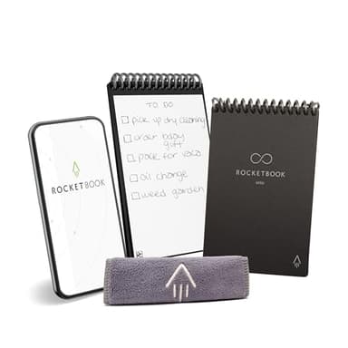 Rocketbook Mini Bloc-Notes Intelligent Réutilisable, carnet de poche 8,9 x 14 cm, noir - 48 pages pointillées, connecté à l’application, effaçable, prise de listes et de notes rapides partout