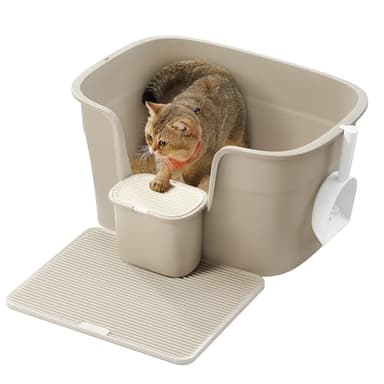 Feandrea Bac à Litière pour Foyers Multi-Chats, Litière Extra Large avec Paroi Latérale, avec Un Tapis de Litière, Boîte de Rangement, Pelle, pour Grand Chat, Beige Cappuccino PPT003K01