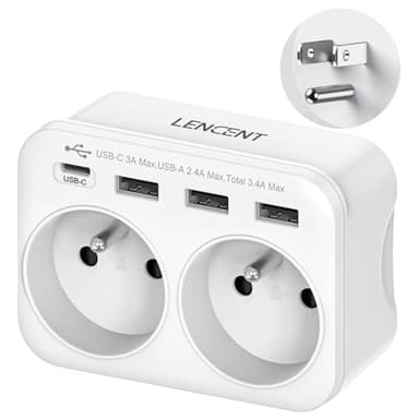 LENCENT Adaptateur de Voyage Type B - 6 en 1 vers USA/Canada/Mexique/Thaïlande - Prise Française avec 2 Prises AC et 3 Ports USB-A，1 Port USB-C -pour appareils français aux États-Unis