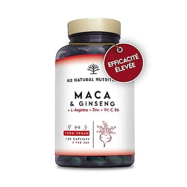 Maca Complex avec Ginseng, Arginine, Vitamins, Zinc. Régulateur Hormonal, Anti-stress, Énergie. 120 Gélules 60 Jours. Augmente L'Endurance et L'Énergie. 100% naturel. CE. N2 Natural Nutrition