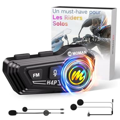 Moman Écouteurs Casque Moto-1000mAh Batterie, RS-H4P Kit Main Libre Moto avec HiFi Haut Parleur Micro Soft/Hard Double Réduction du Bruit RGB/Radio FM/AI Commande Vocale Étanche IPX6