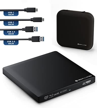 techPulse120 Externe USB 3.1 USB-C Lecteur Graveur UHD 4K 3D M-Disc Blu-Ray DVD CD BDXL HDR10 128 Go Superdrive Windows macOS Deluxe Aluminium Noir